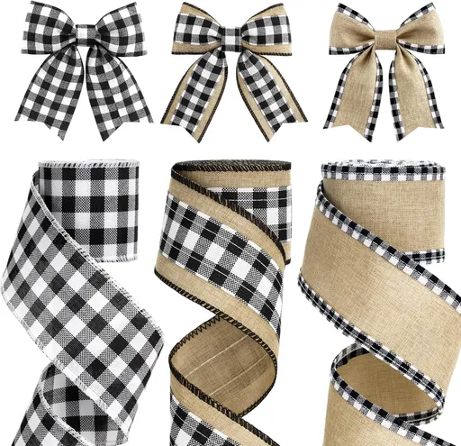 Buffalo Plaid Ribbon Wired – 3 Rolls 2.5'' x 18 Yards, Burlap Black and White Plaid Ribbons for Crafts, Christmas Gift Wrapping, Wreaths and Decoration