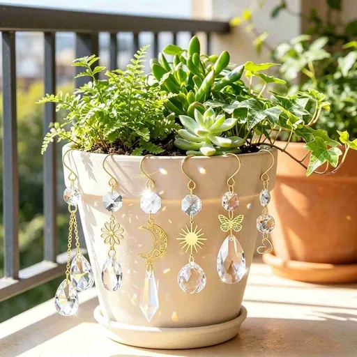 6Pcs Crystal Suncatchers Plant Decorations Charms, Hanging Prisms for Window Indoor Garden Plant Pot Holder Hanger Tree Vine Home Chandeliers Outdoors(Style A)