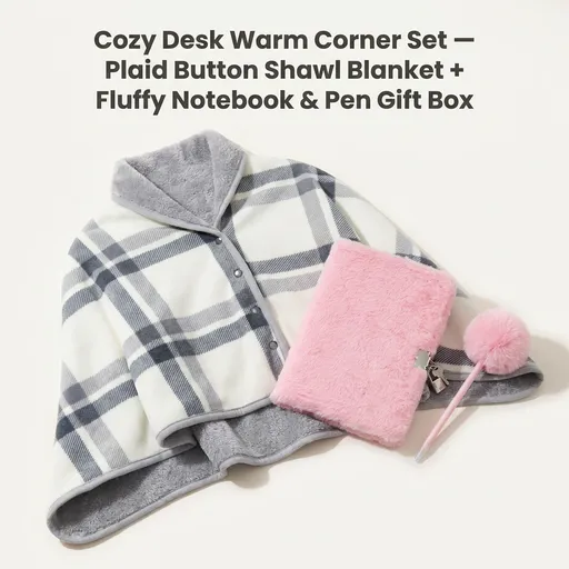 Warm Cozy Study and Office Corner Set with Wearable Dual Layer Fleece Shawl Blanket and Fluffy Plush A5 Lock Diary & Pen Gift Box - Plaid Thermal Nap Wrap and Pink Cute Stationery Kit for Workers and Students
