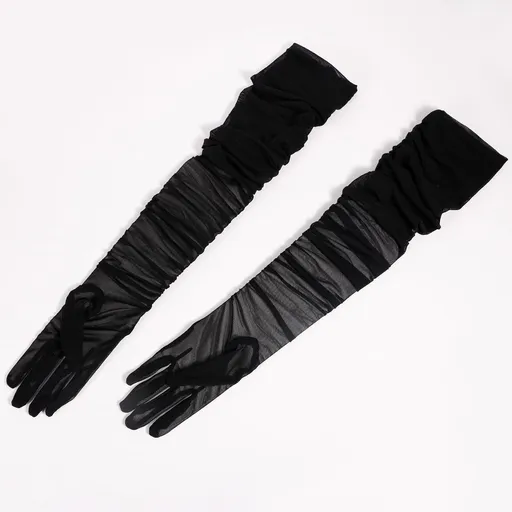 Women's Stretchy Super Long Tulle Gloves Ruched Mesh Sheer Gloves for Evening Hallowmas Opera Party（black）