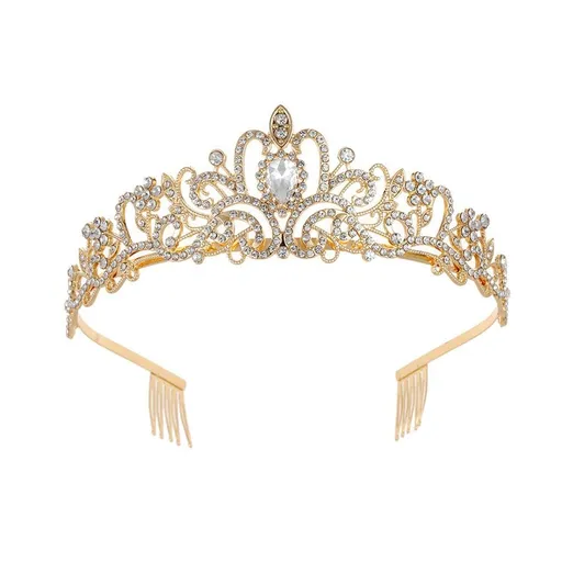 Princess Rhinestone Queen Hair Tiara Headband Hair Accessories Crystal Crown - Gold-White