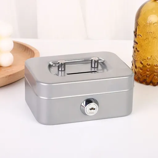 Gray Lockable Metal Cash Box with Coin Slot Portable Money Storage Box Small Savings Bank Key Lock Cash Holder Organiser for Coins Notes Home Office Use 115x85x58mm