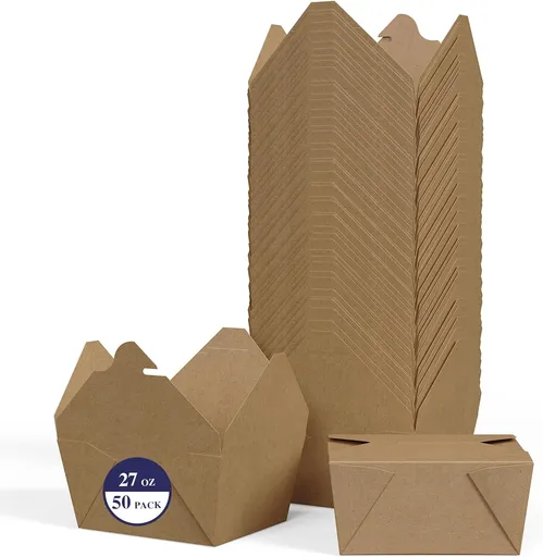 50 Pack 27 oz Take Out Food Containers, Kraft Brown Take Out Boxes Leak Grease Resistant and Stackable for Restaurants, Homes, Offices, Picnics