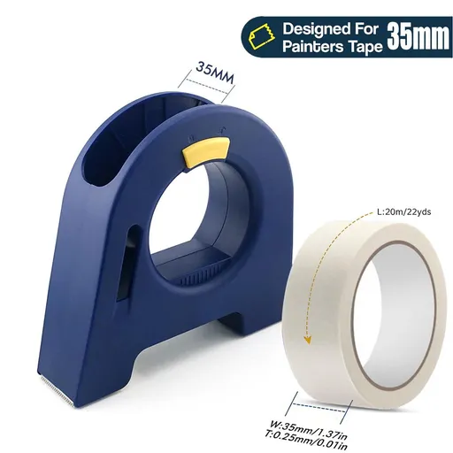 Masking Tape Dispenser with Serrated Metal Cutting Edge Ergonomic Arch Design for Painting Edging, Tile Grouting, Wall Trim and DIY Surface Protection (Blue Dispenser 35mm + 35mm White Tape)