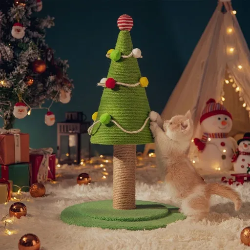 Christmas Tree Cat Scratching Post with Natural Sisal Rope, Durable Large Cat Scratcher with Plush Faux-Grass Base, Pom-Pom Decor, Festive Indoor Play Center for Kittens and Adult Cats to Sharpen Claws, Stretch, and Protect Furniture (24.4*13.8in)