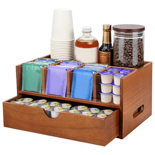 Tea Bag Organizer with Drawer, Wooden Tea Box Organizer with Clear Dividers, Double Layer Tea Organizers and Storage for Coffee Station, Countertop Tea and Cup Holder, 13 x 8.7 x 6.3 in