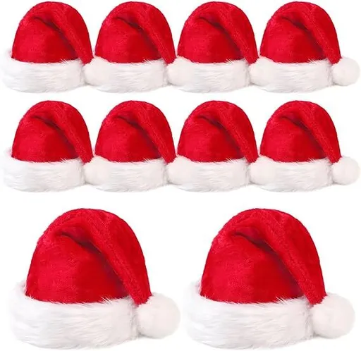 10 Pack Santa Hats Extra Thicken Velvet Christmas Party Hats for Adults Fluffy Plush Red