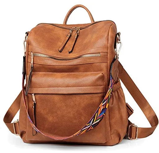 Womens Backpack With Wallet, Convertible Shoulder Bag For Travel And Daily Use, Brown With Colorful Strap