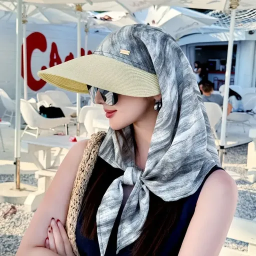 1pc Women's Wide Brim Neck Flap Sun Hat, Lightweight Breathable Shoulder Cover Sunshade Cap, Perfect for Summer Beach & Seaside(Black grey)