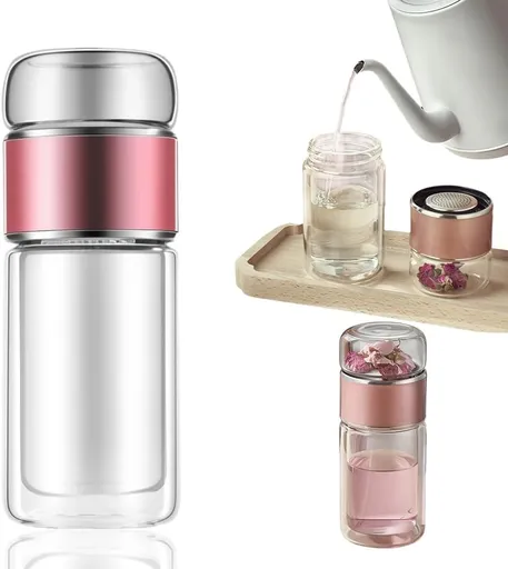 Double Wall Glass Tea Infuser Bottle Tumbler - 12oz/350ml Leakproof Travel Mug with Stainless Steel Filter for Loose Leaf Tea & Fruit Water, Hot or Cold Ready, Suit for Office Travel Home (rose gold)