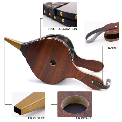 Wood Fireplace Bellows with Hanging Leather Strap, Brown Air Bellower for Outdoor BBQ and Camping