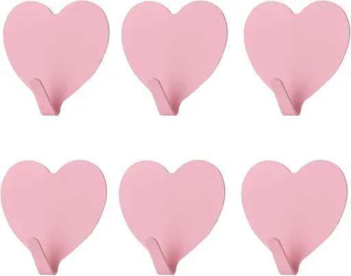 6 Pack Heart Shaped Decorative Wall Hooks, Stainless Steel Strong Adhesive Wall Hook for Home Kitchen Bathroom Office (Light Pink)