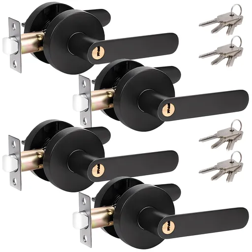 Privacy Door Lever Handle with Key, Heavy Duty Interior Door Lock, Round Design, 4 Pack, Matte Black