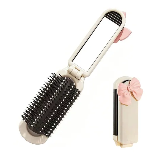 2Pcs Folding Hair Brush with Detachable Makeup Mirror Portable for Travel Student Office - Creamy White