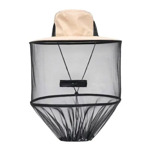 Beige Foldable Mosquito Net Fishing Hat with Storage Bag - Wide Brim Sun Shade and Adjustable Dense Mesh Face Veil, Outdoor Headwear for Angling & Leisure
