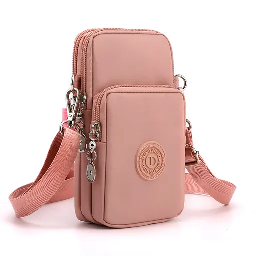 Pink 3-Layer Waterproof Nylon Vertical Crossbody Phone Bag - Lightweight Phone Purse with Headphone Jack & Adjustable Strap