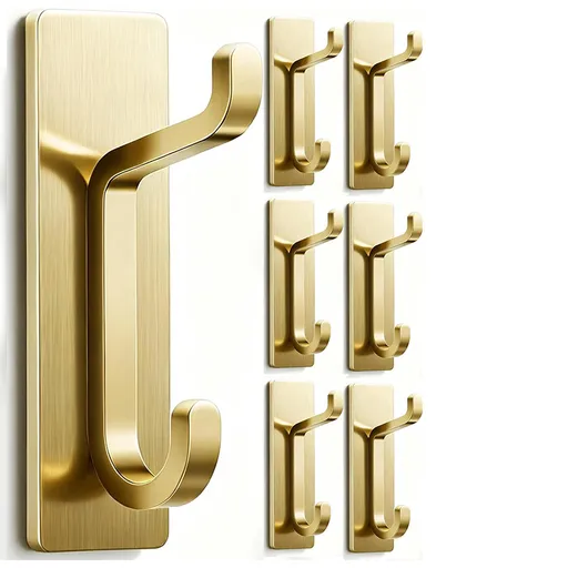 6 Pack Self-Adhesive Towel Hooks, No-Drill Wall Hooks for Towels, Robes and Bags in Bathroom, Kitchen and Entryway, Gold