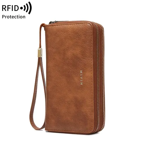 Womens RFID Blocking Zip Around Wallet, Large Capacity Double Layer Phone Clutch With Card Slots Coin Pocket Wrist Strap, Vintage Brown
