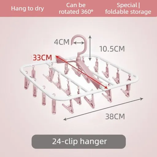 Folding Clothes Hanger with 24 Clips, Foldable Multi-clip Hanger, Underwear and Socks Drying Rack—Pink