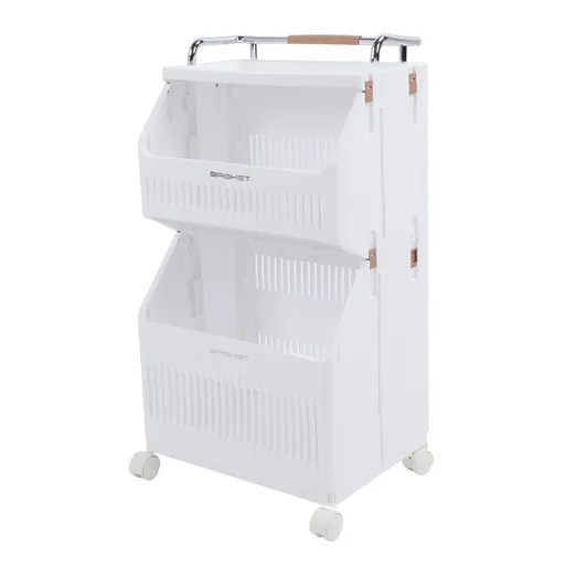 Rolling Storage Cart Multifunction Utility Rolling Storage Organizer Folding Laundry Basket with 4 Wheels for Bathroom Laundry Living Room Kitchen 2 Tier