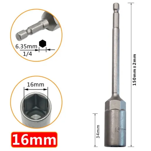 1Pc 150Mm Hexagon Nut Driver Drill Bit Adapter Socket Wrench Extension Sleeve 9Mm Smile Home 16Mm