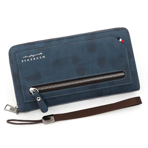 Vintage PU Leather Long Wallet for Men, Zipper-Around Phone Clutch Purse with Detachable Wrist Strap - Blue