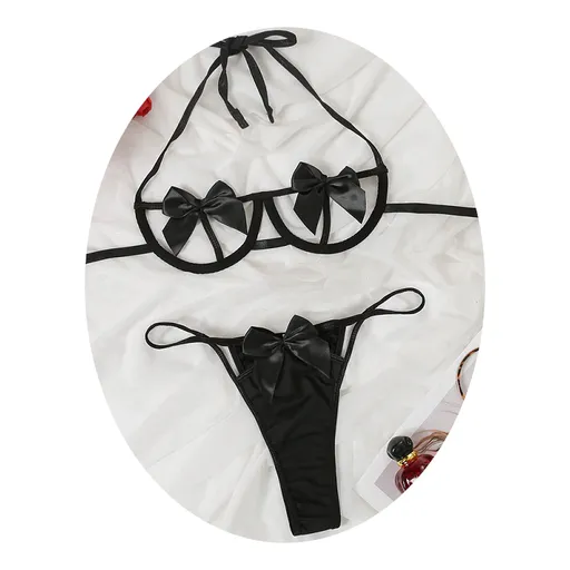 House Of Dasein Gift Bow Halter Bra Panties Lingerie Set For Women Black Red Yellow Pin - Black - S
