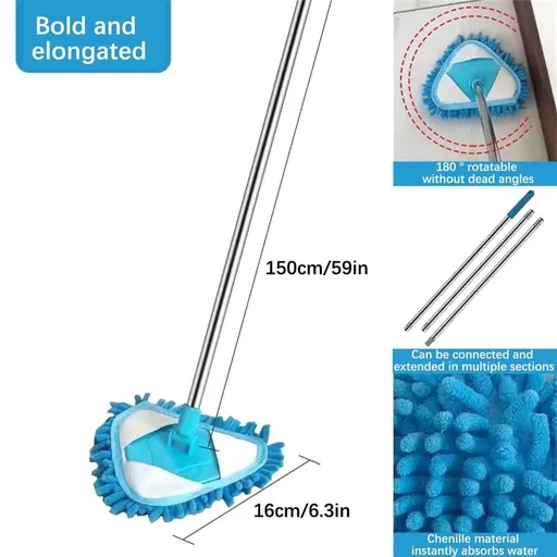 Triangular Dust Mop 180° Rotating Head - Extendable Wet Dry Cleaning Mop with Absorbent Microfiber Pad for Hardwood Tile Floor - Multi-Surface Duster for Home Kitchen Hard to Reach Areas - 1 Pack
