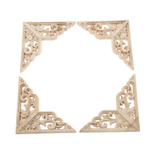 Wooden Decorative Appliques , 4-Pack Unpainted Wood Caravings Decals Inlays Overlays Corners Decor for Cabinet Dresser Cupboard
