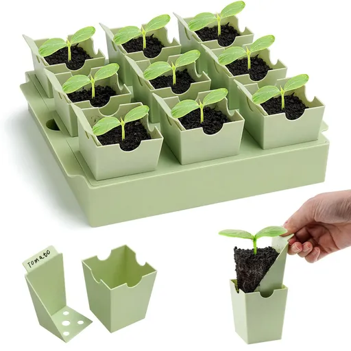 Green 9 Cell Seed Starter Tray Kit with Removable Pots, Root Ball Inserts and Drainage Base for Garden Vegetable Flower Propagation