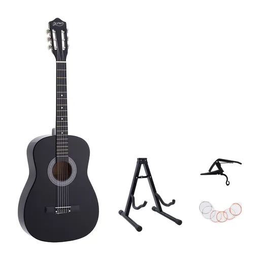 Alpha 38 Inch Classical Acoustic Guitar with Folding Stand Capo and String Set Black