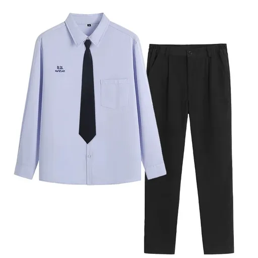 Thai School Uniform Shirt Cotton Blend Embroidery Badge Thai men's long sleeve + black pants + black tie XXL