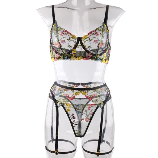 House Of Dasein Bright Cheery Fun Floral Lingerie Garter Belt Panties Bra Sets - Black - Xl