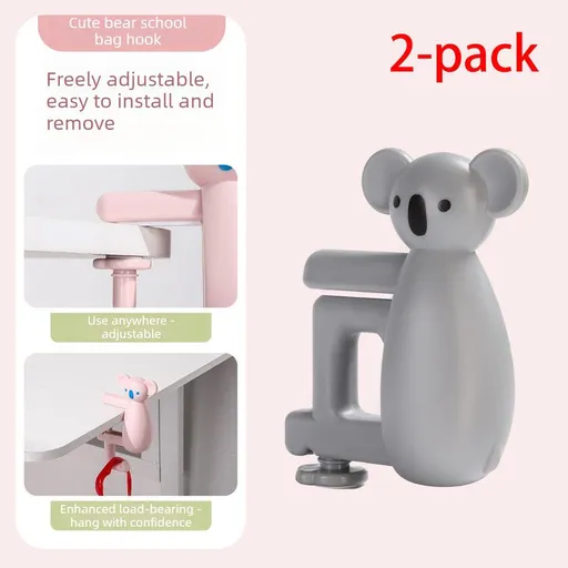 2-Pack Koala Desk Hook, Adjustable Glue-Free Table-Side Bag Hanger, Heavy-Duty Portable Backpack Hook for Students - Gray