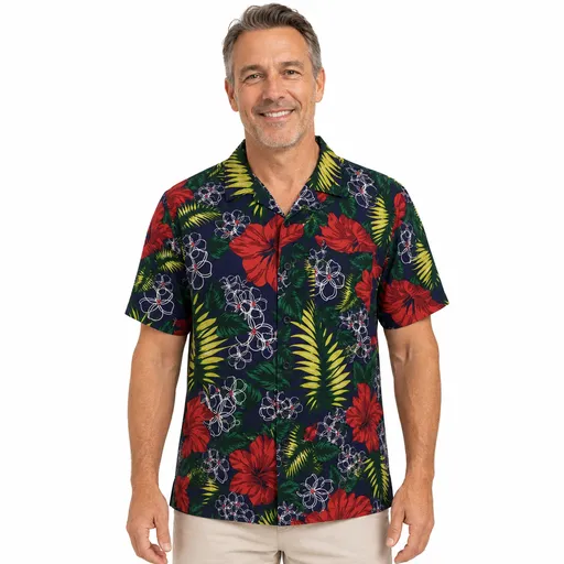 Mens Oahu Hawaiian Party Shirt Button Hippie Tops Short Sleeve Beach Holiday - Hibiscus Flower