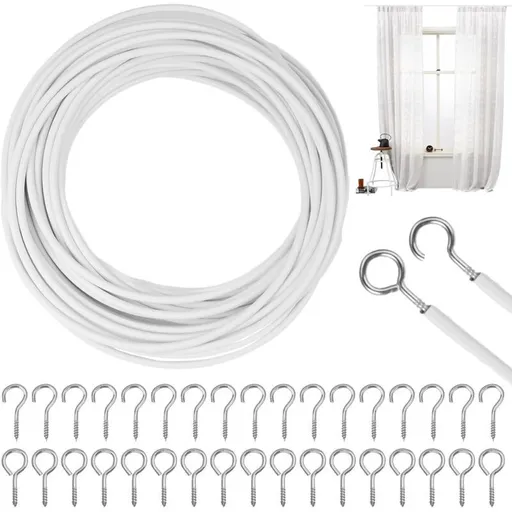 25 Pcs Curtain Cable White, Shower Curtains Curtain Cable Soft Rod Curtain Wire with Eye Bolts Screw Hooks, 10M