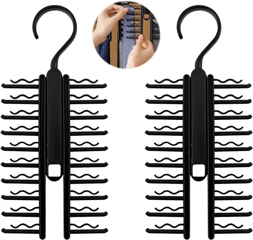 2 Pack Tie and Belt Hanger Organizer with 20 Storage Positions, 360 Degree Rotating Hook, Non-Slip Space Saving Closet Wardrobe Rack, Black