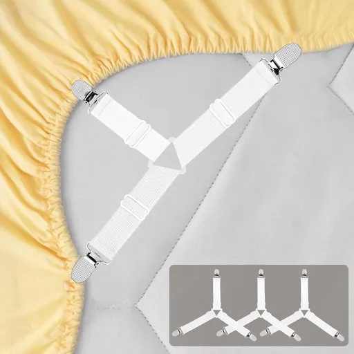 Bed Sheet Straps Adjustable Non Slip Elastic Grippers 4 Piece Triangle Design White