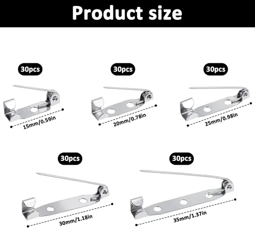 150 Pcs Brooch Pin Backs Kit, 5 Sizes Silver Safety Bar Pins for Crafts Metal Flat Back Locking Clasp Clasp Backings for DIY Jewelry Making Badge Name Tag and Craft DIY Accessories