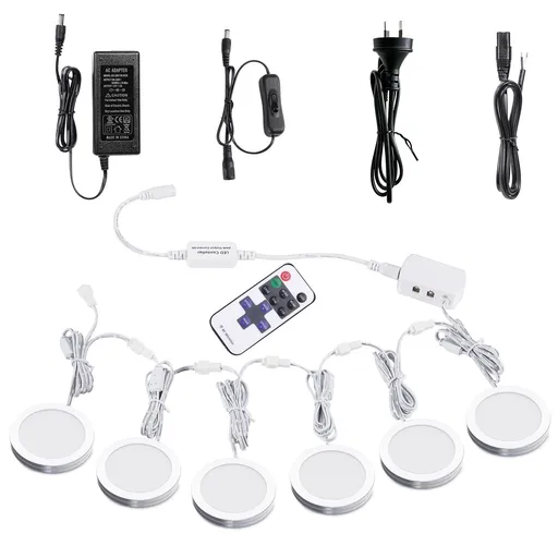 Linkable Under Cabinet LED Lighting 12V Dimmable Puck Lights with Wireless RF Remote Control, Hardwired & AU Wall Plug in for Counter Lighting(6 Lights, Natural White)
