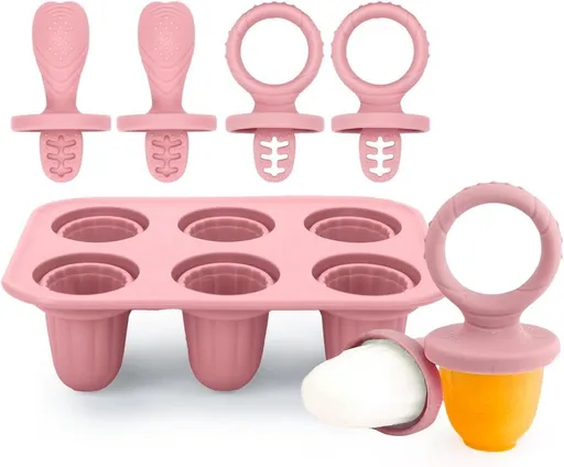 6 Pack Silicone Popsicle Molds with Sticks, Baby Ice Pop Molds Ice Cube Tray for Toddlers, Pink