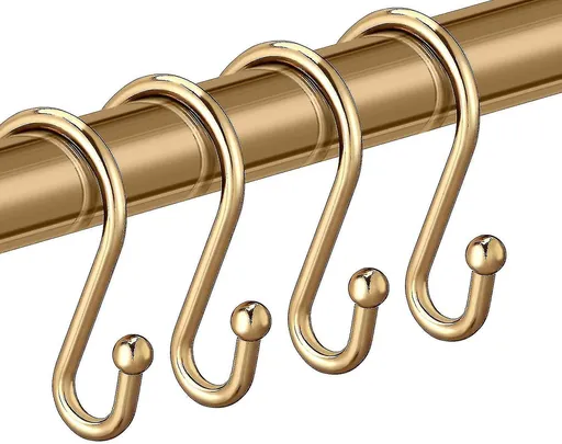 Stainless Steel S-Shaped Shower Hooks for Bathroom Curtains and Clothes, Set of 12, Gold Finish, Brass