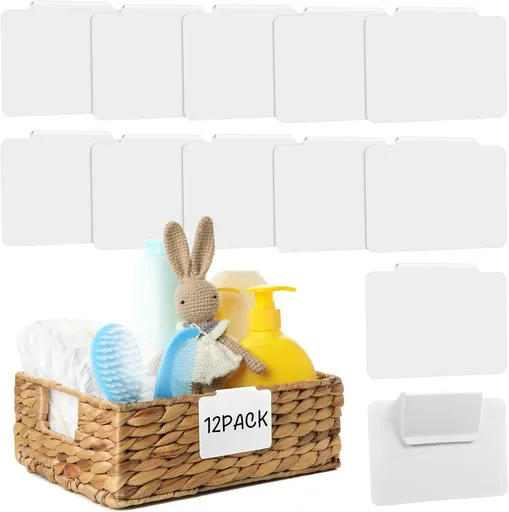 12 Piece Storage Basket Labels Clip On Removable PVC 3.5x2.7 Inches White