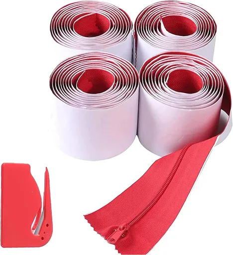 4-Pack Heavy-Duty Dust Protector Zipper (Red) - Self-Adhesive Instant Door Zipper - 7 Ft Length x 3" Width - Includes 4 Zippers and Plastic Sheeting Cutter Accessories