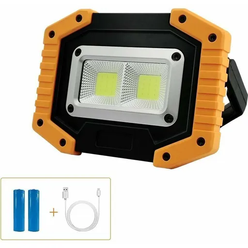 1 Pcs Floodlight LED Rechargeable 30W 2000LM Chantier Light of Work with 2X COB LED USB for Camping, 3 Modes Battery Contient