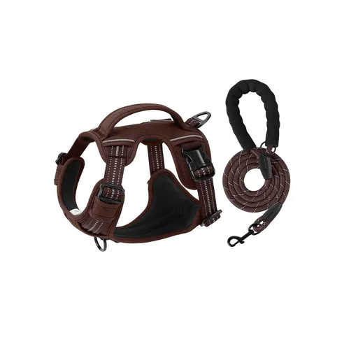 L size Coffee No Pull Dog Harness and Leash Set - Reflective Oxford Fabric Puppy Vest with Control Handle, Adjustable S Size Walking Gear for Small to Medium Dogs, Anti-Pull Training Aid