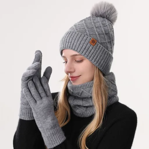 Women Winter Knit Beanie Scarf Gloves Set Alpaca Fleece Thermal Gray 3 Piece