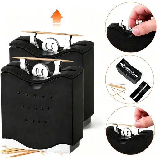 2-Pack Decorative Automatic Toothpick Dispenser, Desktop Toothpick Storage for Kitchen & Tabletop, Black