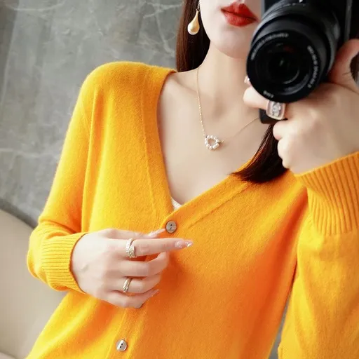 Women V Neck Knitted Cardigan Long Sleeve Sweater Yellow Size: S; Height (cm): 155-160; Weight (kg): 45-50; Bust (cm): 82-86; Waist (cm): 66-70; Shoulder width (cm): 37; Length (cm): 58