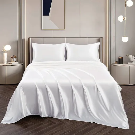 Art Silk Satin Sheet Set Hotel 4 Pieces Fitted/Flat Sheet Bedding Set-Luxury Soft Silky Sheets for Hair and Skin, Similar to Silk Bed Sheets Set 4 Pieces(Double,White)